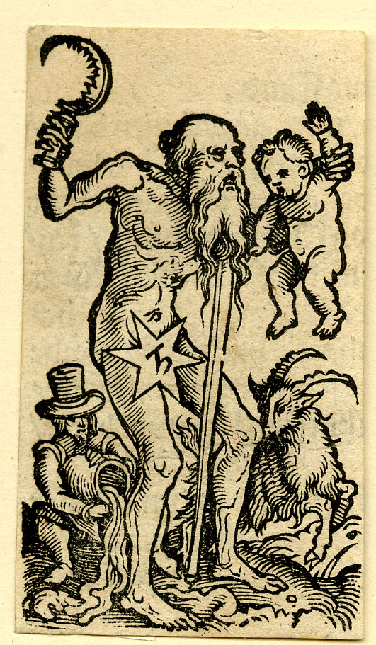 Saturn with hexagram containing Saturn glyph, sickle, child, Aquarius, and Capricorn - Hans Weiditz woodcut, British Museum